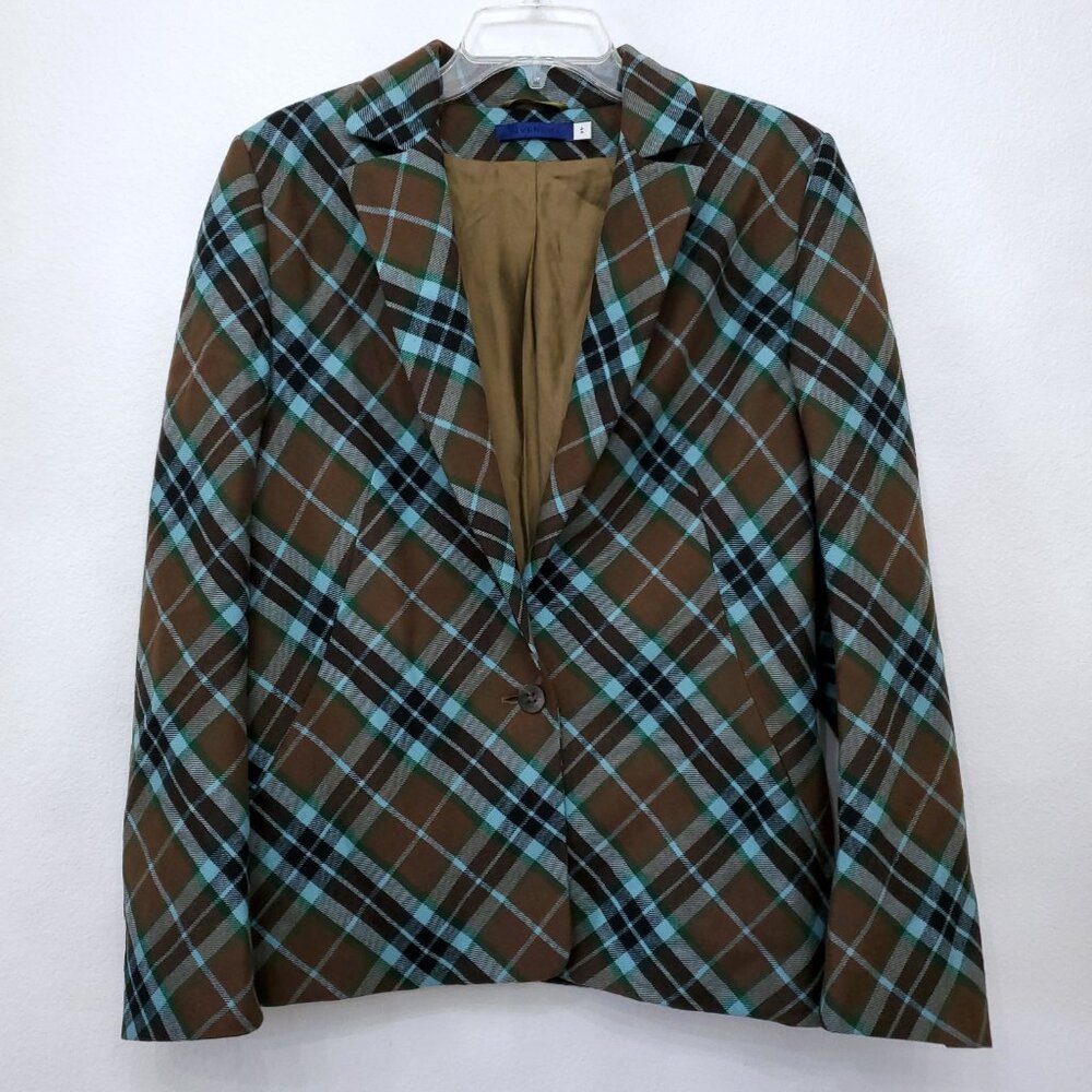 Givenchy Vintage 90's Multi-Color Plaid Women's Wool Blazer Logo Buttons Size 44 - Picture 1 of 16